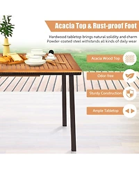 Gymax Rectangle Patio Outdoor Dining Table Acacia Wood Tabletop w/ 2'' Umbrella Hole