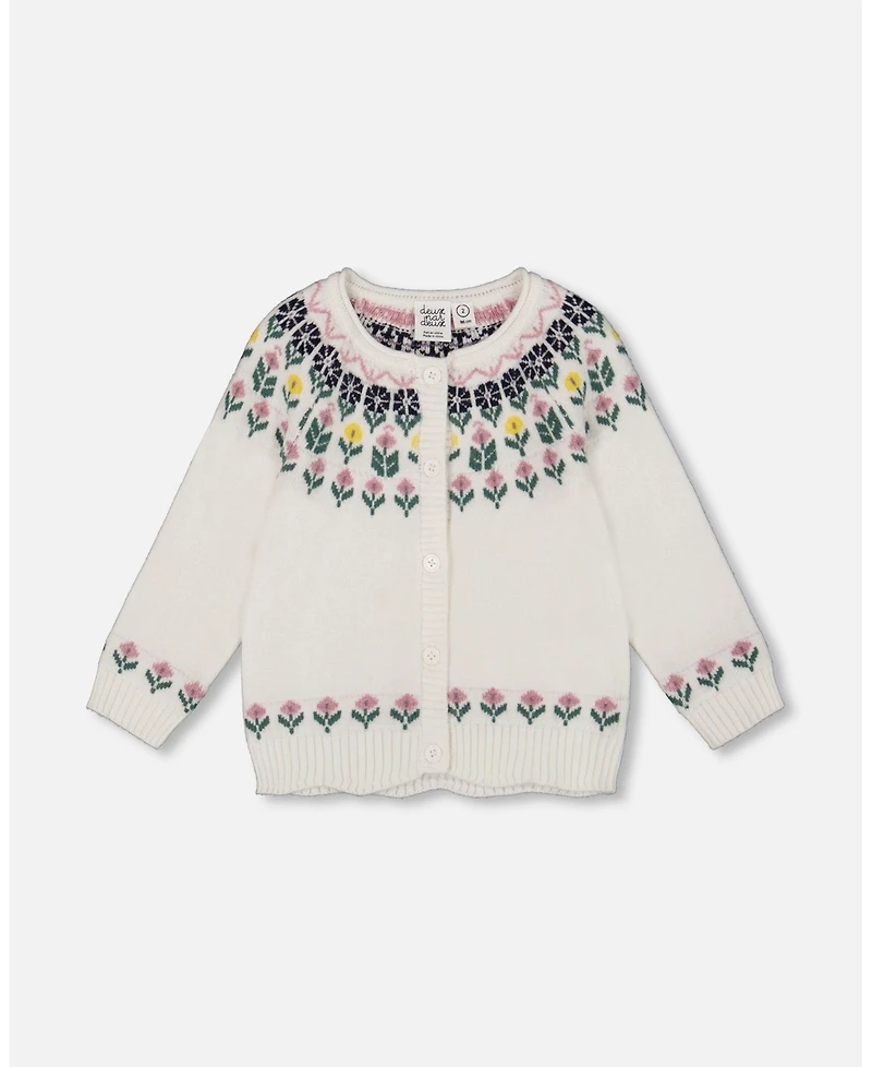 Deux par Girl Jacquard Knit Cardigan Off-White with Floral Pattern