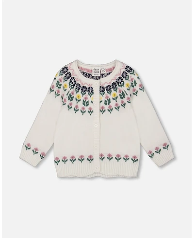 Deux par Girl Jacquard Knit Cardigan Off-White with Floral Pattern