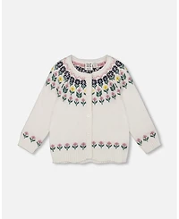 Deux par Girl Jacquard Knit Cardigan Off-White with Floral Pattern