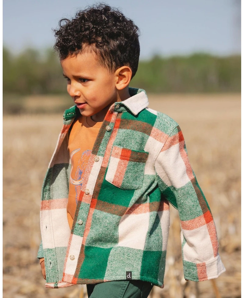 Deux par Boy Long Sleeve Yarn Dyed Plaid Shirt Green and Orange