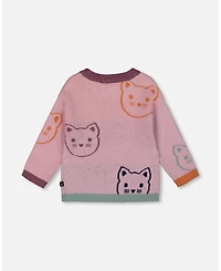 Deux par Toddler Girls Knit Jacquard Sweater Dusty Pink with Cats - Toddler|Child