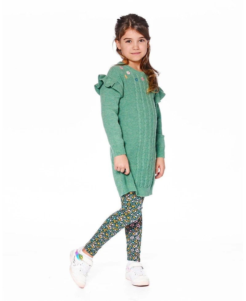 Deux par Toddler Girls Knitted Dress Sage Green with Ruffles and Floral Embroidery - Toddler|Child