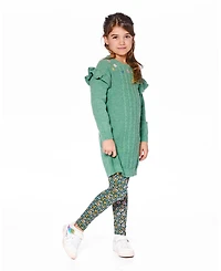Deux par Toddler Girls Knitted Dress Sage Green with Ruffles and Floral Embroidery - Toddler|Child