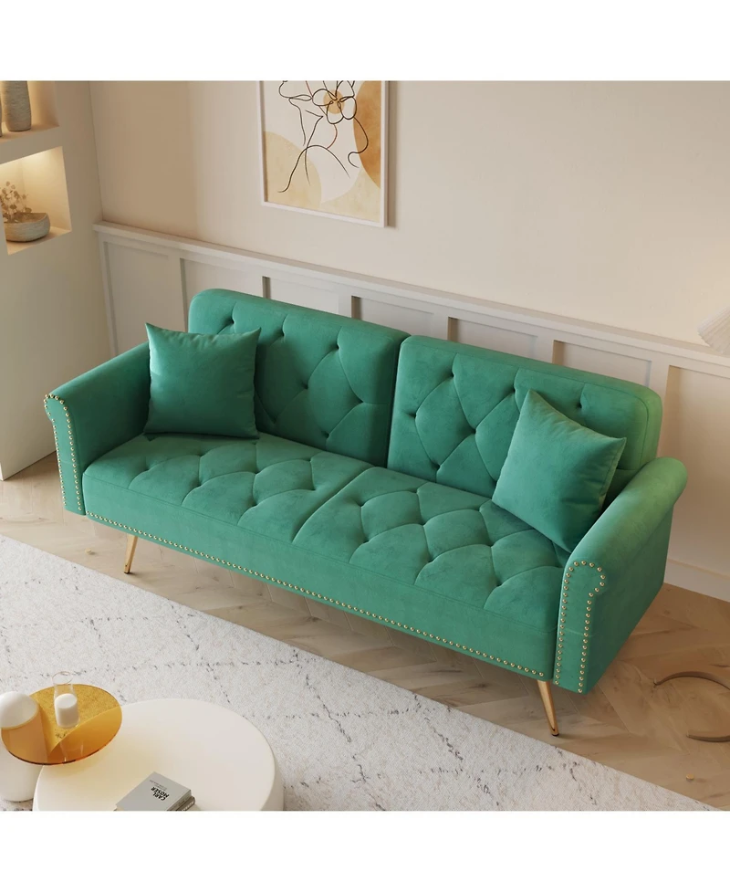 Streamdale Furniture Green Velvet Sofa Bed with Nailhead Trim & Pillow