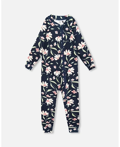 Deux par Toddler Girls One-Piece Thermal Underwear Navy Flower Print - Toddler|Child