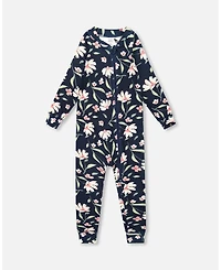 Deux par Toddler Girls One-Piece Thermal Underwear Navy Flower Print - Toddler|Child