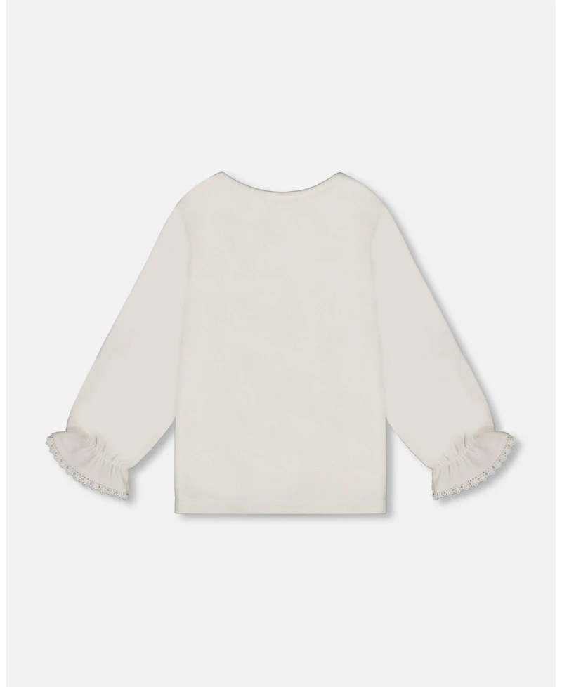 Deux par Girl Jersey Top Off-White with Embroidered Floral Sleeves