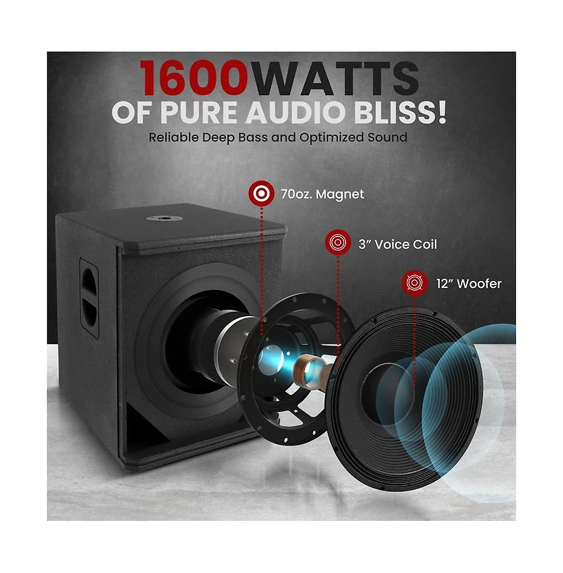 Pyle 12'' 1600W Active Powered Subwoofer Box System with Professional Design