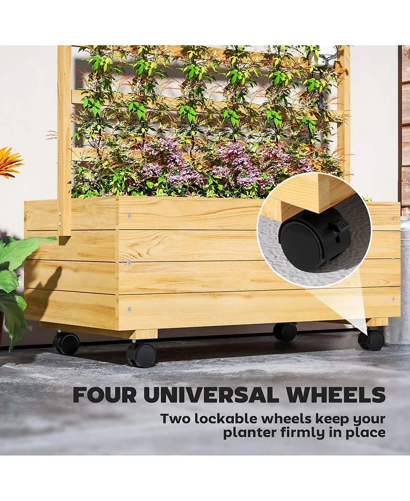 Outsunny Wood Planter with Trellis and Wheels Raised Planter Box, Natural
