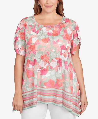 Ruby Rd. Plus Floral Striped Border Flutter Sleeve Top