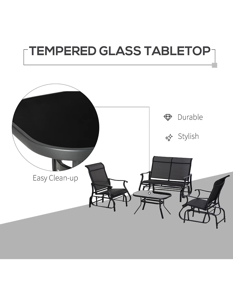 Outsunny 4pc Patio Glider Set, 2 Chairs, 1 Loveseat Bench, 1 Table