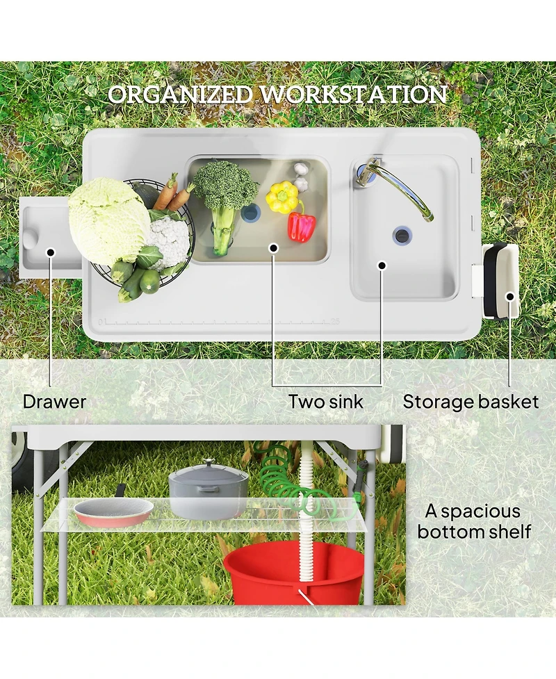 Outsunny Folding Fish Cleaning Table Camping Sink Table with Faucet,