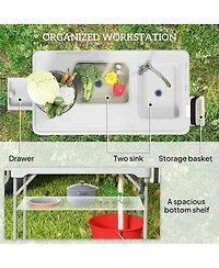 Outsunny Folding Fish Cleaning Table Camping Sink Table with Faucet,