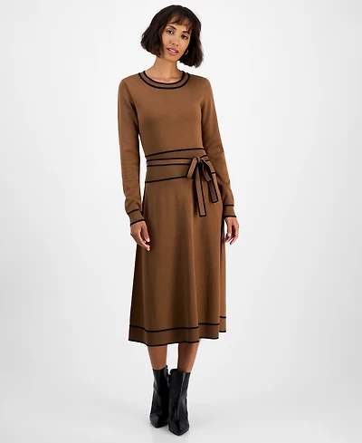 T Tahari Women's Wide-Rib Belted Sweater Dress