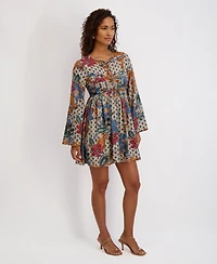 kensie Women's Printed-Chiffon Long-Sleeve Fit and Flare Dress