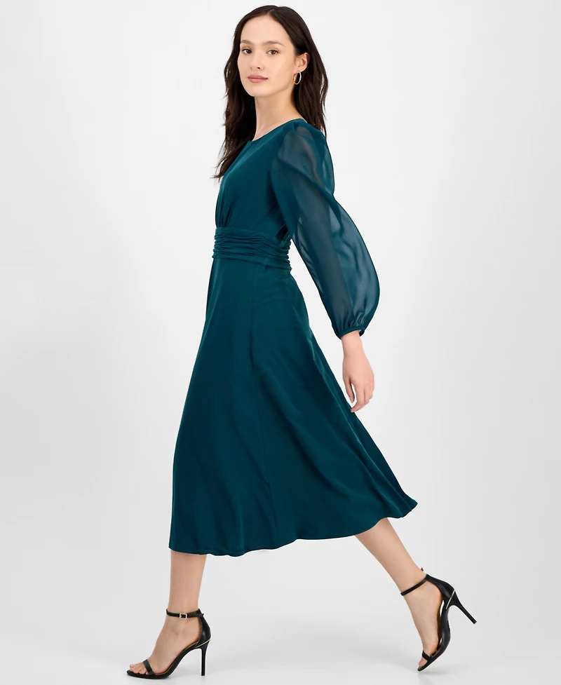Connected Petite Shirred-Waist Sheer-Sleeve Midi Dress