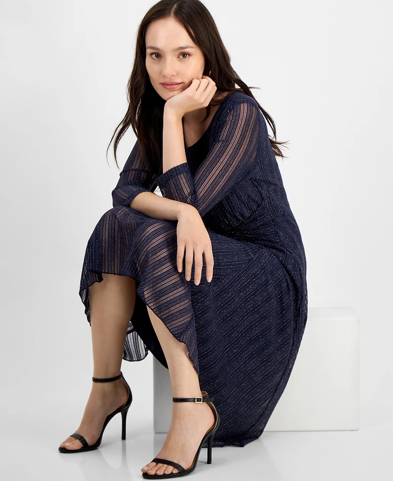 Connected Petite Mesh Tie-Waist 3/4-Sleeve Midi Dress