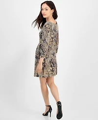 Connected Petite Printed Round-Neck 3/4-Sleeve Dress