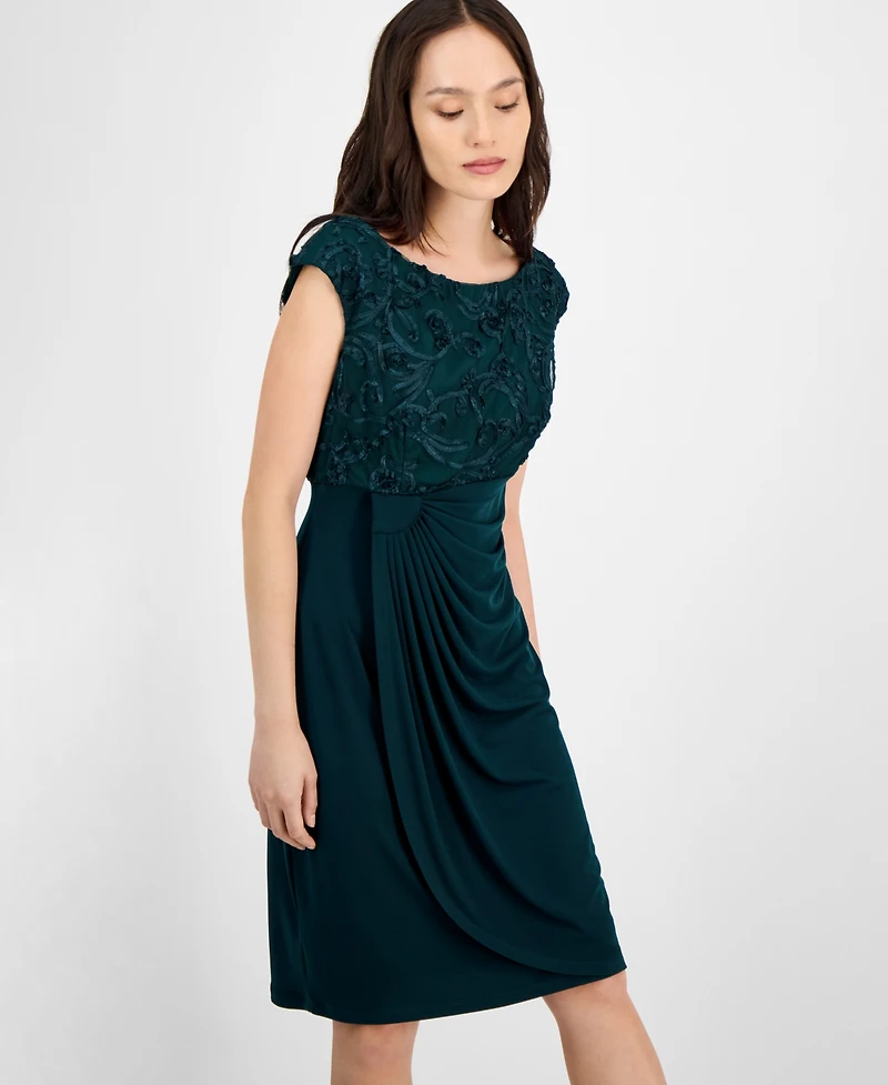 Connected Petite Textured-Bodice Boat-Neck Cap-Sleeve Dress