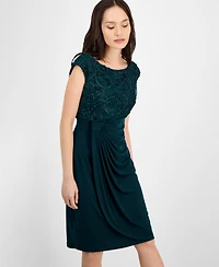 Connected Petite Textured-Bodice Boat-Neck Cap-Sleeve Dress