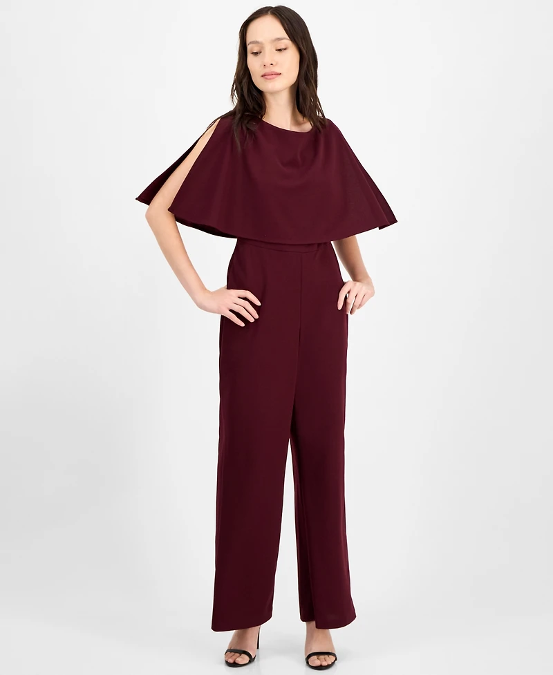 Connected Petite Cape-Sleeve Round-Neck Wide-Leg Jumpsuit