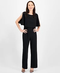 Connected Petite Cape-Sleeve Round-Neck Wide-Leg Jumpsuit