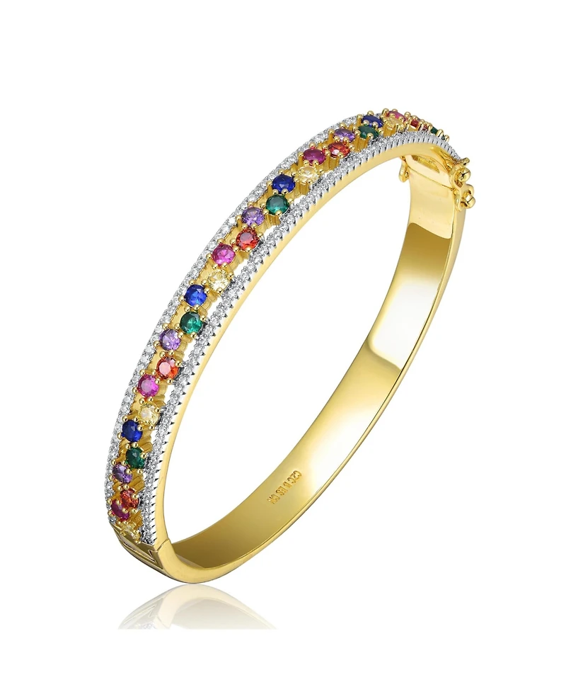 Rachel Glauber 14K Gold Plated with Round Clear & Multi-Colored Cubic Zirconia Bangle Bracelet