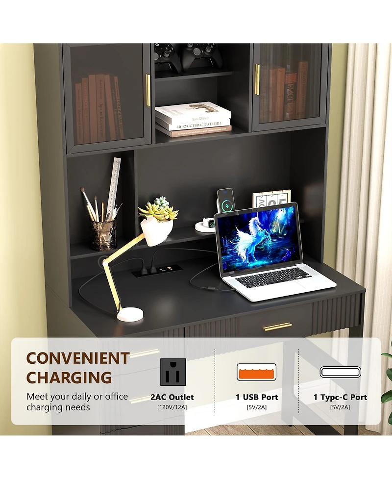 Vlsrka Office study computer desk with charging station and Led lights