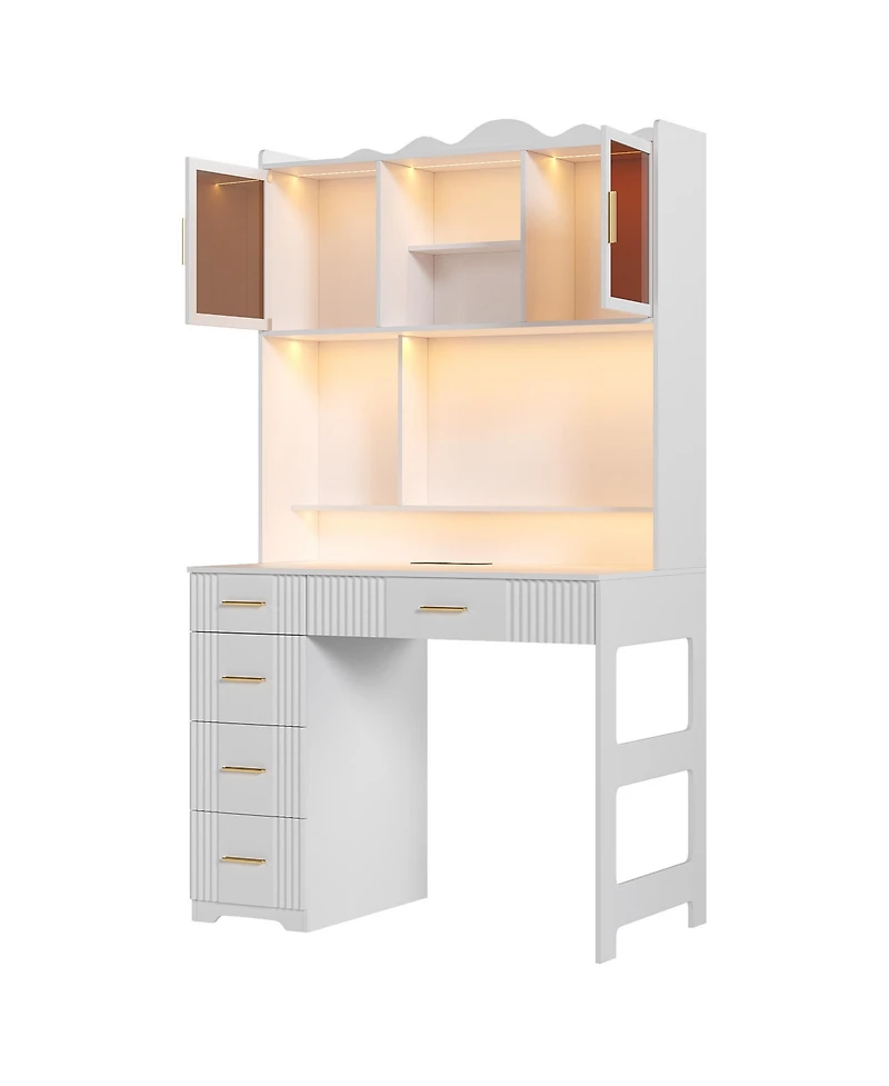 Vlsrka Office study computer desk with charging station and Led lights