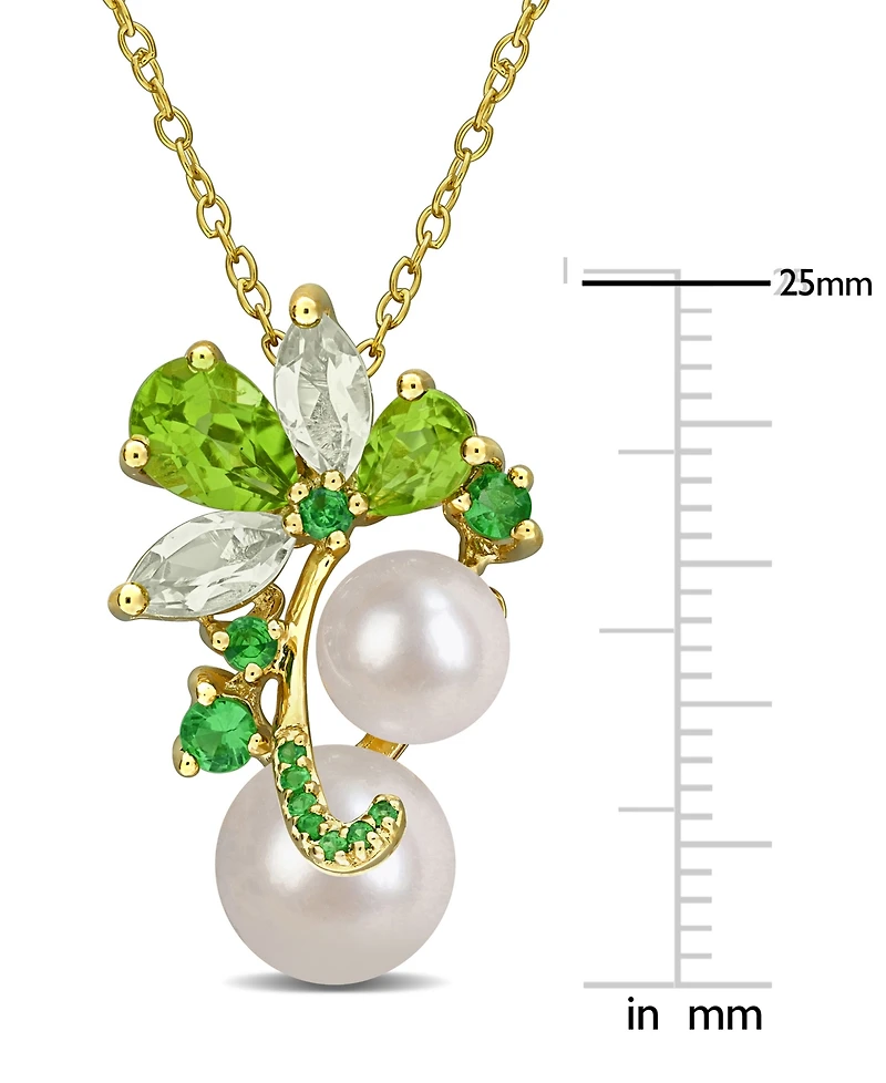 Cultured Freshwater Pearl (7 & -1/2) & Multi-Gemstone Cluster 18" Pendant Necklace in 18k Gold Flash-Plated Sterling Silver
