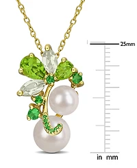 Cultured Freshwater Pearl (7 & -1/2) & Multi-Gemstone Cluster 18" Pendant Necklace in 18k Gold Flash-Plated Sterling Silver