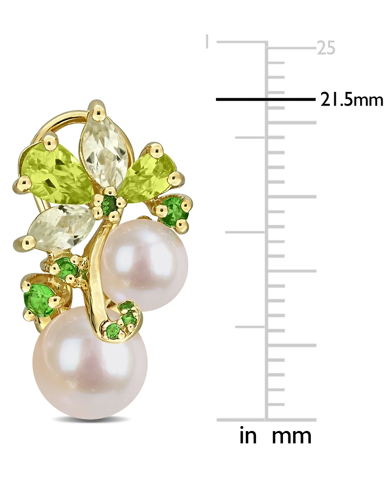Cultured Freshwater Pearl (6 & 8mm) & Multi-Gemstone (2-1/2 ct. t.w.) Cluster Omega Earrings in 18k Gold Flash-Plated Sterling Silver