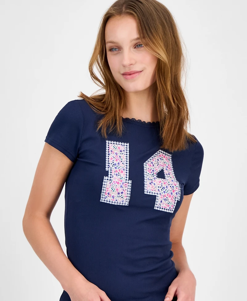 Just Polly Juniors' Applique Picot-Trim T-Shirt
