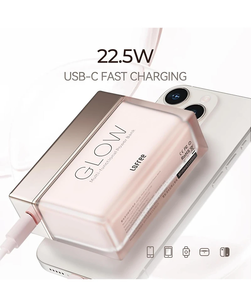 Lofree Glow Power Bank, 10,000mAh Portable Charger with Led Light Effects, 22.5W Fast Charging, Usb-c for iPhone, iPad