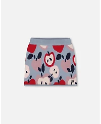 Deux par Girl Knit Skirt Blue and Red with Apple Heart Jacquard