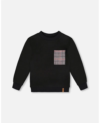 Deux par Baby Boy Super Soft Brushed Jersey Long Sleeve Top Black with Plaid Pocket