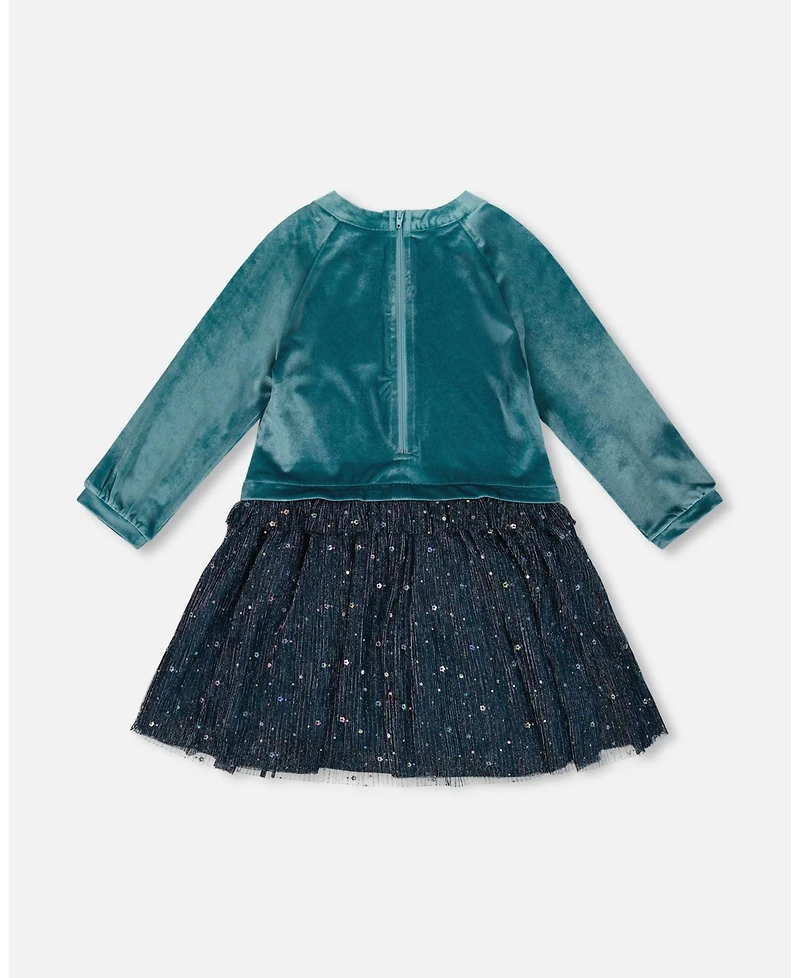 Deux par Toddler Girls Long Sleeve Bi-Material Velvet and Pleated Mesh Dress Teal Blue - Toddler|Child