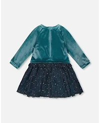 Deux par Toddler Girls Long Sleeve Bi-Material Velvet and Pleated Mesh Dress Teal Blue - Toddler|Child