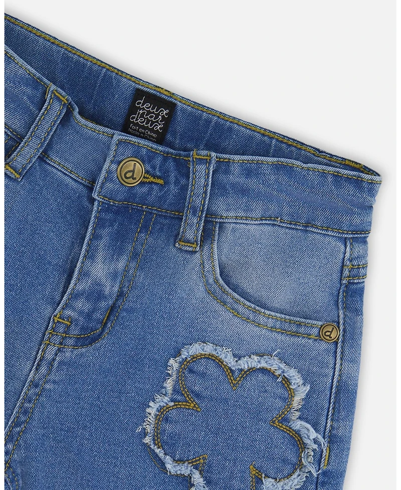 Deux par Toddler Girls Wide Leg Stretch Light Blue Denim Jeans with Flower Stitching - Toddler|Child