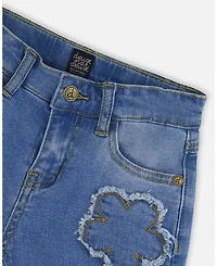 Deux par Toddler Girls Wide Leg Stretch Light Blue Denim Jeans with Flower Stitching - Toddler|Child