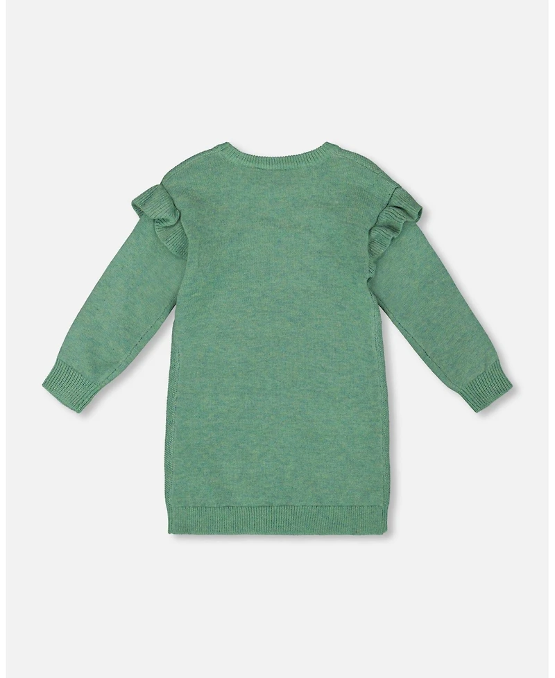 Deux par Girl Knitted Dress Sage Green with Ruffles and Floral Embroidery - Child