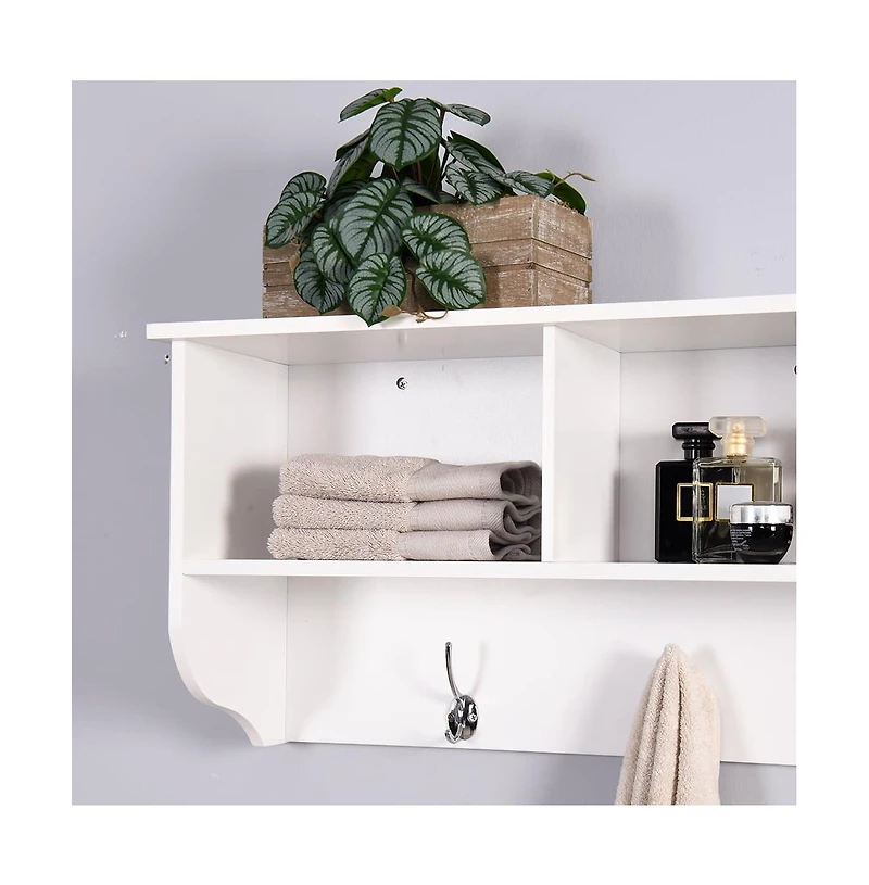 Vanirror White Entryway Wall Mounted Coat Rack with 4 Dual Hooks Living Room Wooden Storage Shelf