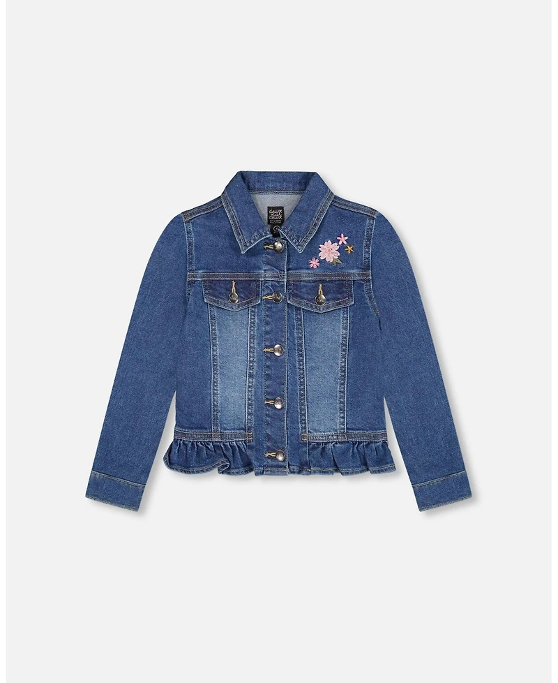 Deux par Girls Denim Jacket Blue with Ruffle Hem and Floral Embroidery