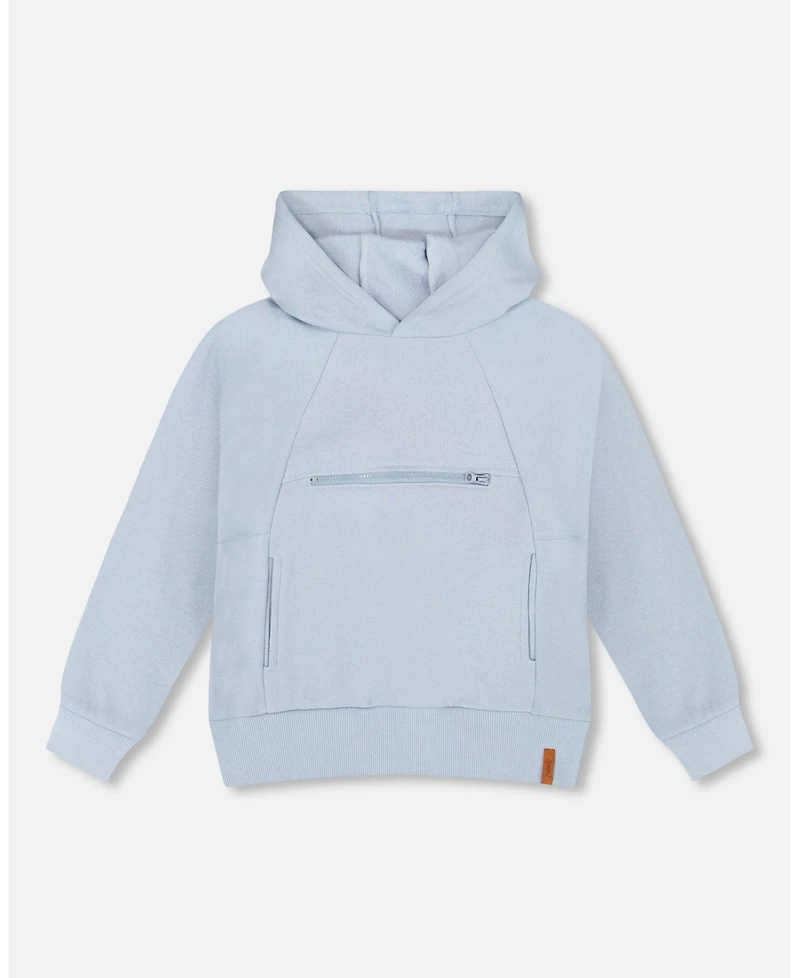 Deux par Boy Pullover Hooded Fleece Sweatshirt with Zip Pocket Light Blue