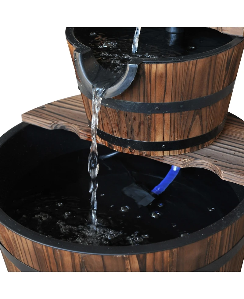 Outsunny 2 Tier Fountain Rustic Wood Barrel Water Fountain w/ Pump Garden Decor