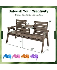 Gymax Outdoor Fir Wood Bench w/ Foldable Middle Table w/ Backrest & Armrests