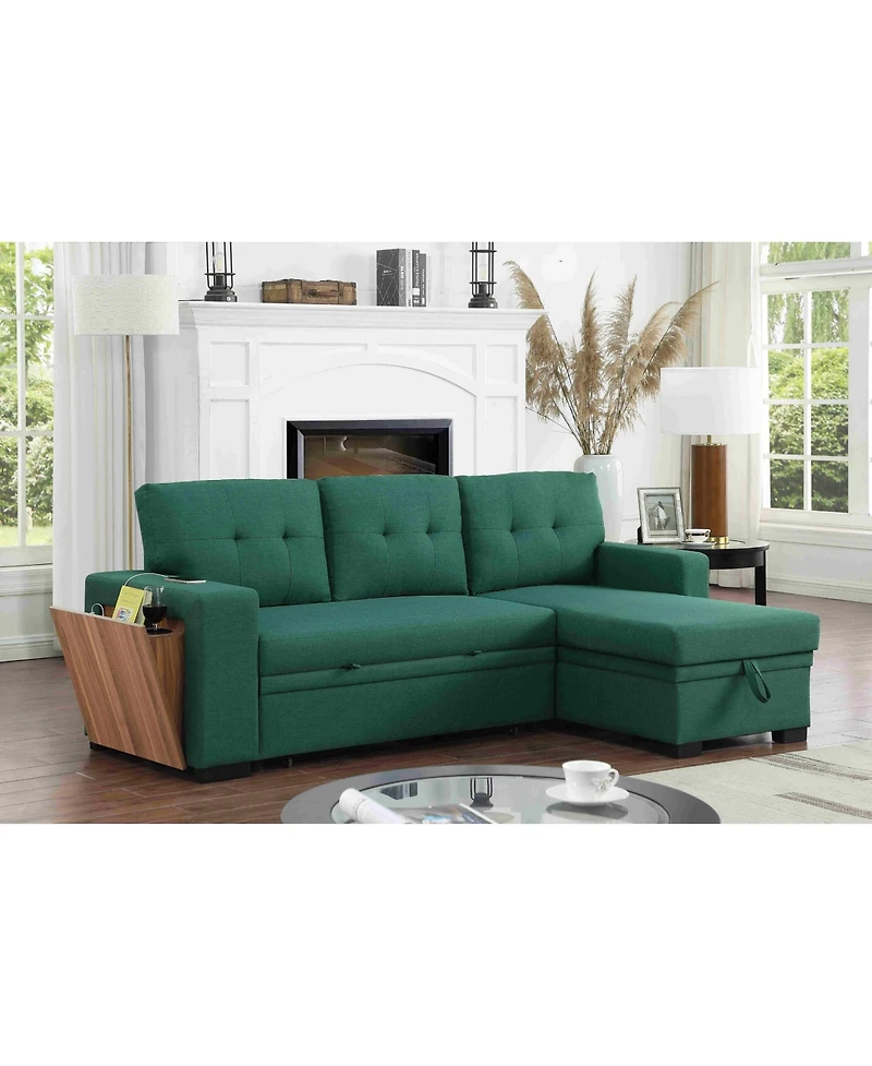 Homlux 3-Piece Linen Sectional Sofa with Pull-Out Sleeper, Storage Chaise & Cup Holder,Green