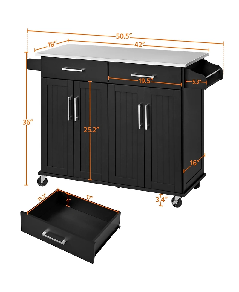 Kitchen Island on Wheels, Large with Storage Drawers & Cabinets Towel Bar Spice Rack Black
