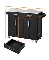Kitchen Island on Wheels, Large with Storage Drawers & Cabinets Towel Bar Spice Rack Black